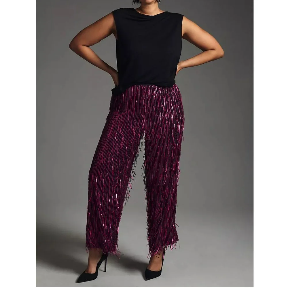 Anthropologie Maeve Fringed Sequined Wide-Leg Pants Plum Purple 20W Plus - Picture 3 of 13